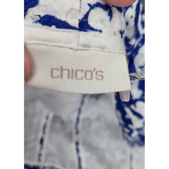 Chico's Size 0 Small White Royal‎ Blue 100% Cotton Eyelet Open Front Jacket - Picture 9 of 11
